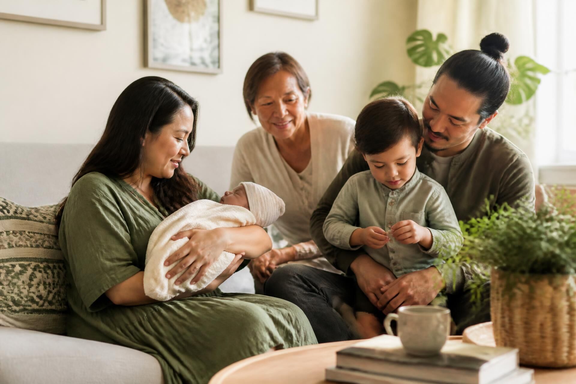 A multigenerational family sitting together at home with a newborn