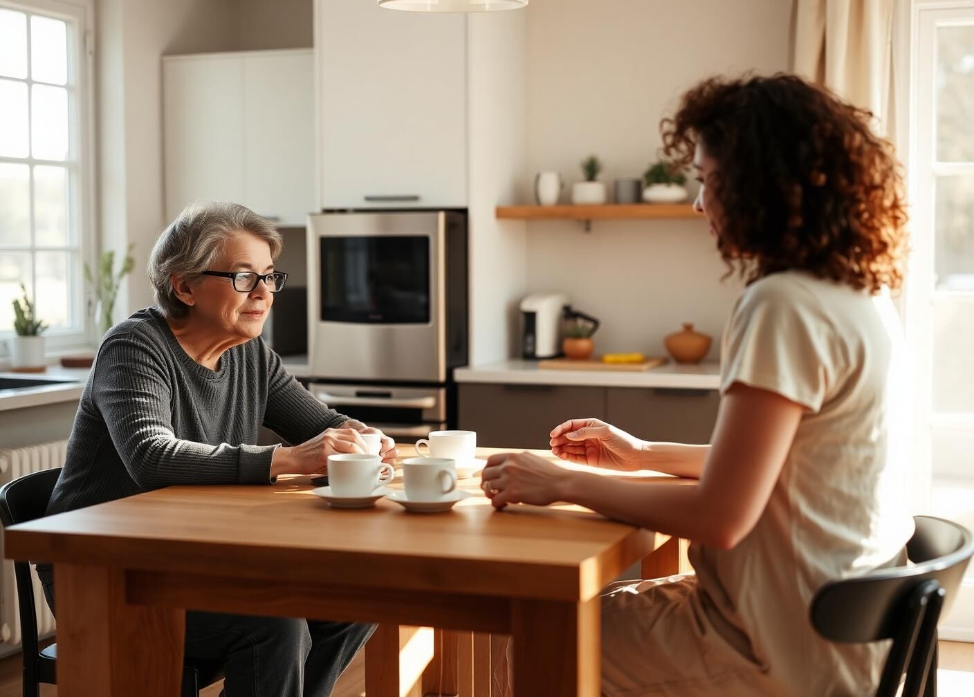A Village support professional and a parent talking over tea at a sunlit kitchen table